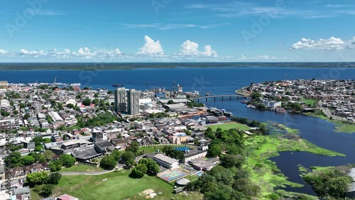 Cityscape of downtown Manaus north region of Brazil riverside Amazon river and Amazon jungle. Travel destinations. Tropical travel. Green sustainable tourism at Amazonian ecosystem.  photo