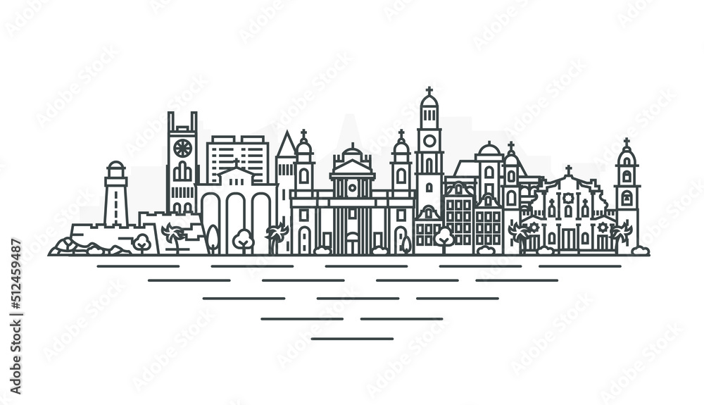 Budva, Montenegro architecture line skyline illustration. Linear vector cityscape with famous landmarks, city sights, design icons. Landscape with editable strokes.