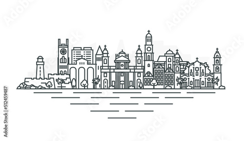 Budva  Montenegro architecture line skyline illustration. Linear vector cityscape with famous landmarks  city sights  design icons. Landscape with editable strokes.