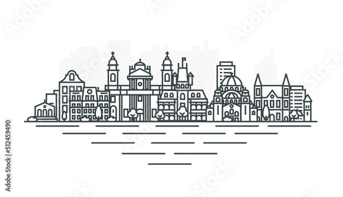 Bruges, Belgium architecture line skyline illustration. Linear vector cityscape with famous landmarks, city sights, design icons. Landscape with editable strokes.