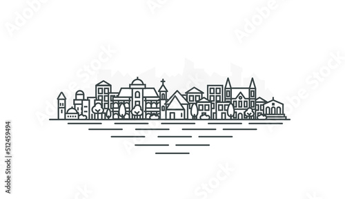 Shkodër, Albania architecture line skyline illustration. Linear vector cityscape with famous landmarks, city sights, design icons. Landscape with editable strokes.