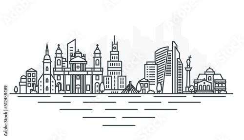 Warsaw, Poland architecture line skyline illustration. Linear vector cityscape with famous landmarks, city sights, design icons. Landscape with editable strokes.