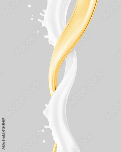 Two swirling waves in a spiral with drops. Vector illustration. Can be use for your design. Great for imaging milk, cream, oil and other liquids. EPS10.	