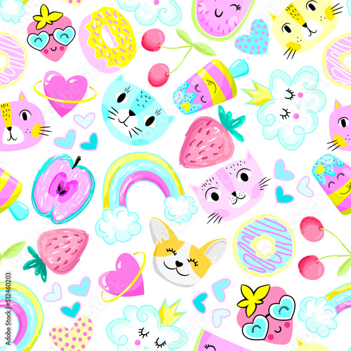 Seamless pattern with hearts, cat and fruits. Cute texture background. Wallpaper for teenager girls. Fashion style