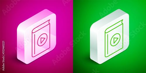 Isometric line Audio book icon isolated on pink and green background. Play button and book. Audio guide sign. Online learning concept. Silver square button. Vector