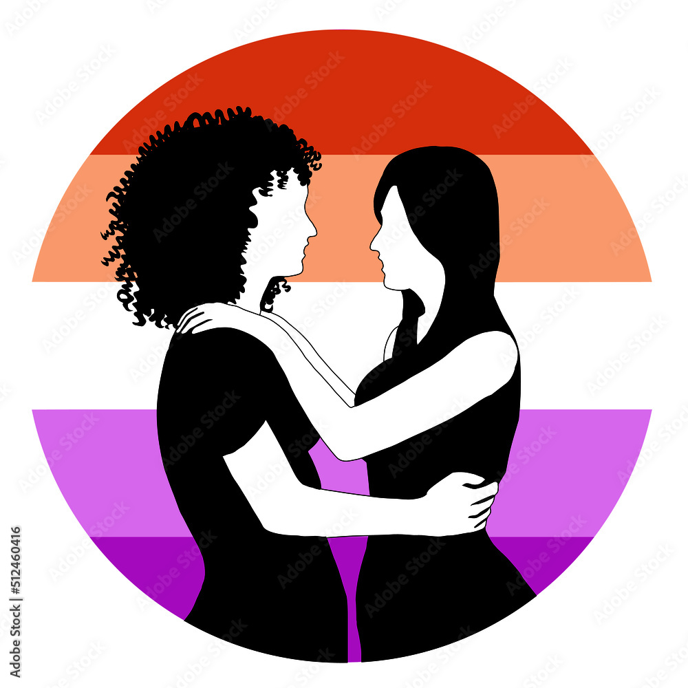 Two women hug each other with a circular background in the colors of the lesbian flag. Vector illustration on white background.