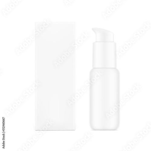 White airless pump bottle with box mockup. Vector illustration isolated on white background. Сan be used for cosmetic and other needs. Symmetrical lighting scheme. EPS10.	
