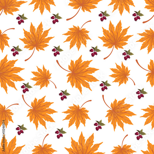 Seamless pattern with autumn maple leaves and rose hips.vector graphics.