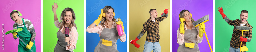 Collage with photos of funny people singing on different color backgrounds. Banner design Collage with photos of funny people singing on different color backgrounds. Banner design