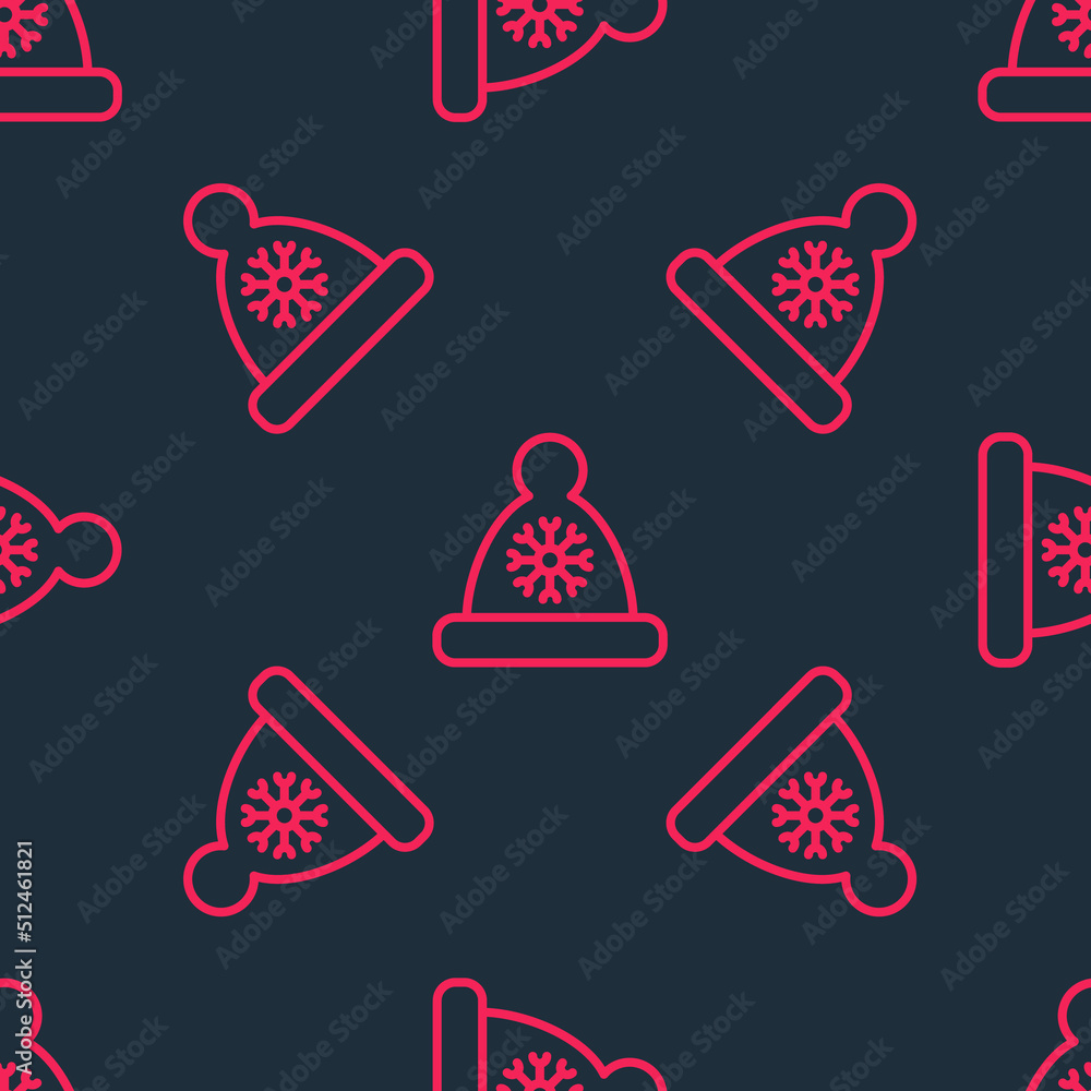 Red line Christmas Santa Claus hat icon isolated seamless pattern on black background. Merry Christmas and Happy New Year. Vector