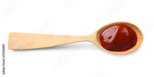 Tasty ketchup in wooden spoon isolated on white, top view