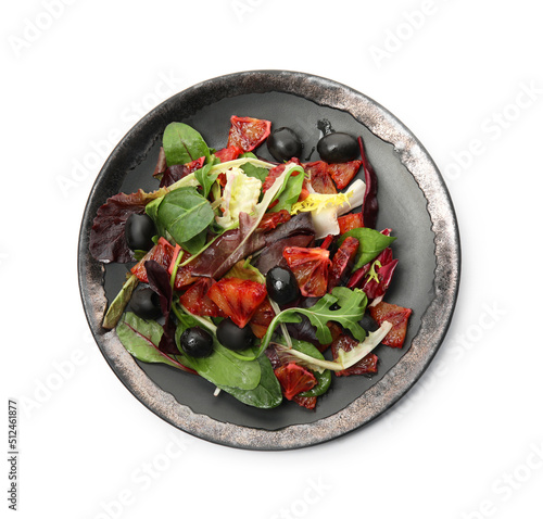 Delicious salad with sicilian orange on white background, top view