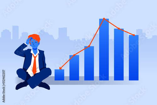 Sad businessman with chart graph arrow down, bankruptcy concept, economic downturn and global recession