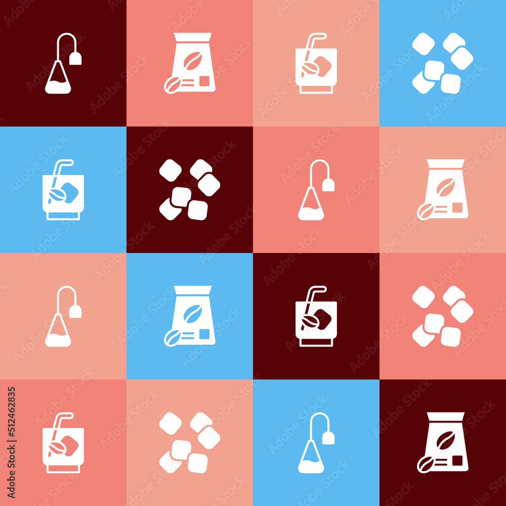 Set pop art Tea bag, Bag of coffee beans, Espresso tonic and Sugar cubes icon. Vector Set pop art Tea bag, Bag of coffee beans, Espresso tonic and Sugar cubes icon. Vector