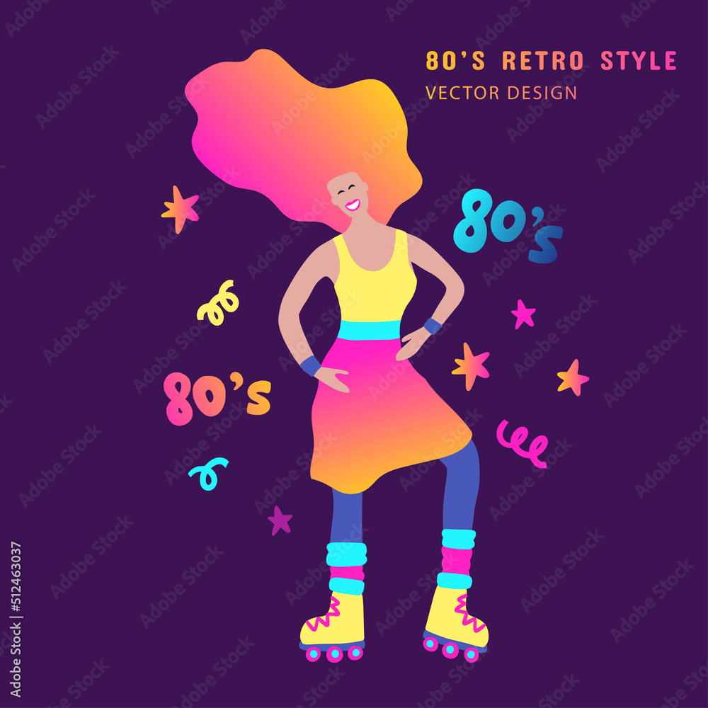 80s retro party clipart girl and roller skates. Cartoon character human vector card. 80s retro party clipart girl and roller skates. Cartoon character human vector card.