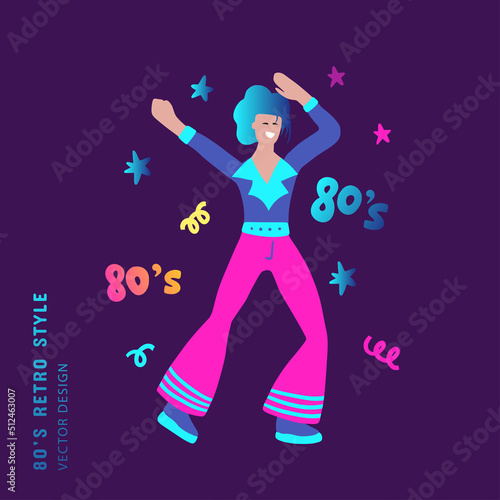 80s retro party dancing man clipart. Cartoon boy character human vector card.