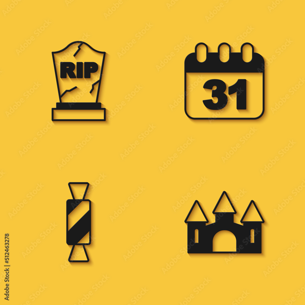 Set Tombstone with RIP written, Castle, Candy and Halloween date 31 october icon with long shadow. Vector Set Tombstone with RIP written, Castle, Candy and Halloween date 31 october icon with long shadow. Vector
