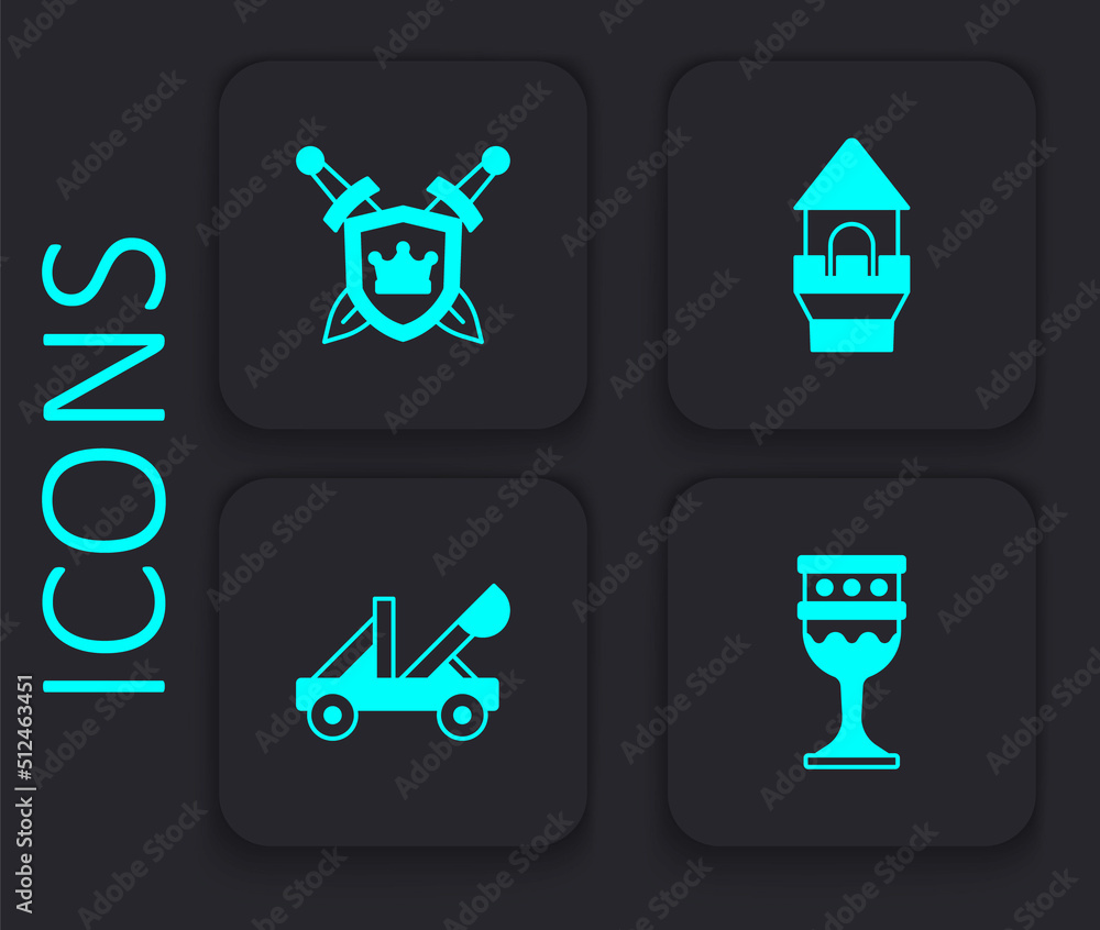 Set Medieval goblet, Shield with swords, Castle tower and catapult icon. Black square button. Vector Set Medieval goblet, Shield with swords, Castle tower and catapult icon. Black square button. Vector