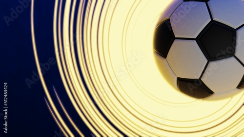 Black-white soccer ball with yellow illuminated spiral laser beam particles under black-blue lighting background. 3D illustration. 3D high quality rendering. 3D CG.