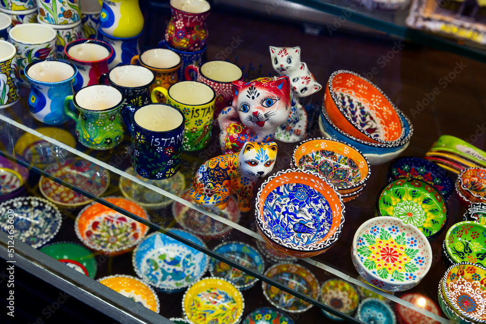 Traditional Turkish ceramic souvenirs at the Istanbul market. Turkey