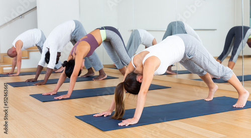 Fitness, sport and healthy lifestyle concept - woman doing yoga downward-facing dog pose on mat at studio