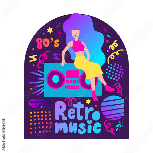 80s girl poster. Prank woman retro vector illustration. Tape recorder, record player music