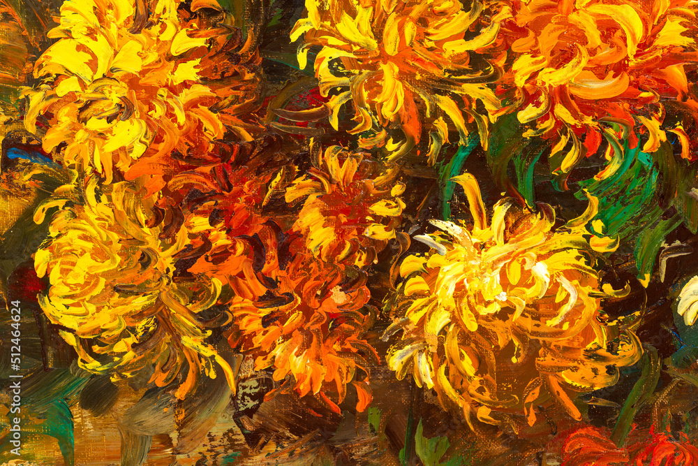 Ταπετσαρία Macro of an impressionist style oil painting depicting a bouquet of chrysanthemums
