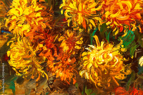Macro of an impressionist style oil painting depicting a bouquet of chrysanthemums. Textured brush strokes.  © VIS Fine Arts