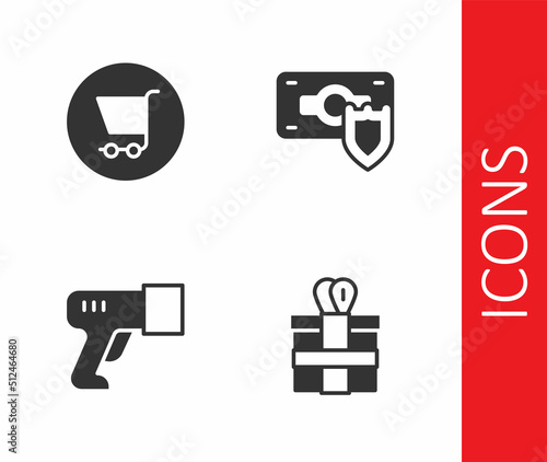 Set Gift box, Shopping cart, Scanner scanning bar code and Money with shield icon. Vector