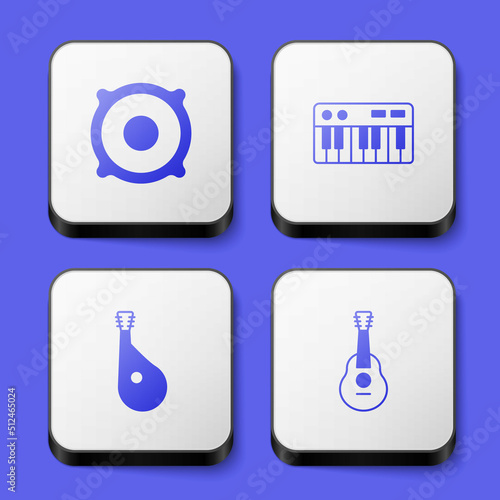 Set Stereo speaker, Music synthesizer, Bandura and Guitar icon. White square button. Vector