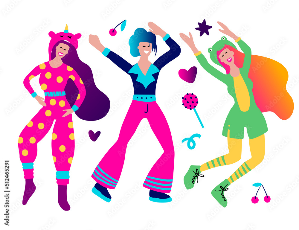 Kidult prank girl and boy human vector character set. Man and woman pajama party Kidult prank girl and boy human vector character set. Man and woman pajama party