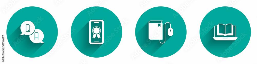 Set Question and Answer, Online education with diploma, Electronic book mouse and class icon with long shadow. Vector Set Question and Answer, Online education with diploma, Electronic book mouse and class icon with long shadow. Vector