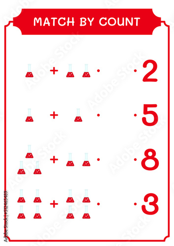 Match by count of Chemistry flask, game for children. Vector illustration, printable worksheet