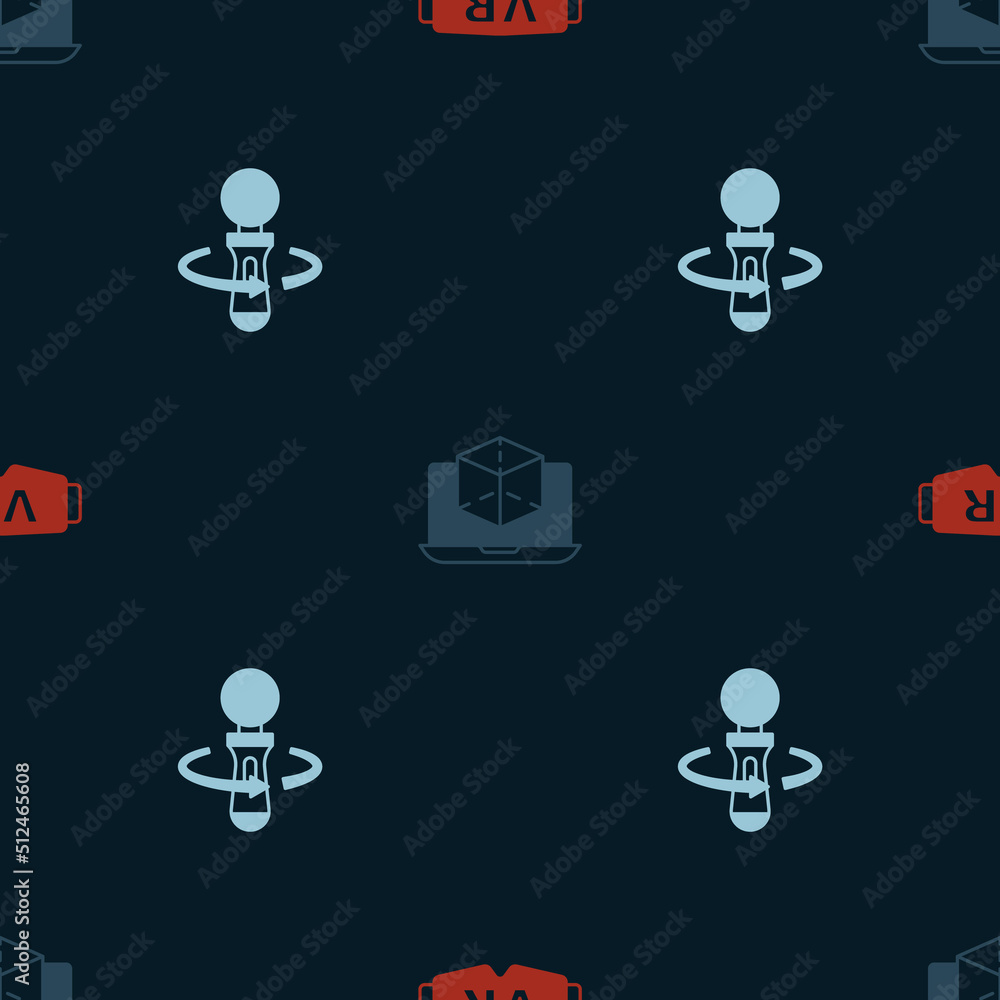 Set Virtual reality glasses, 3d modeling and VR controller game on seamless pattern. Vector