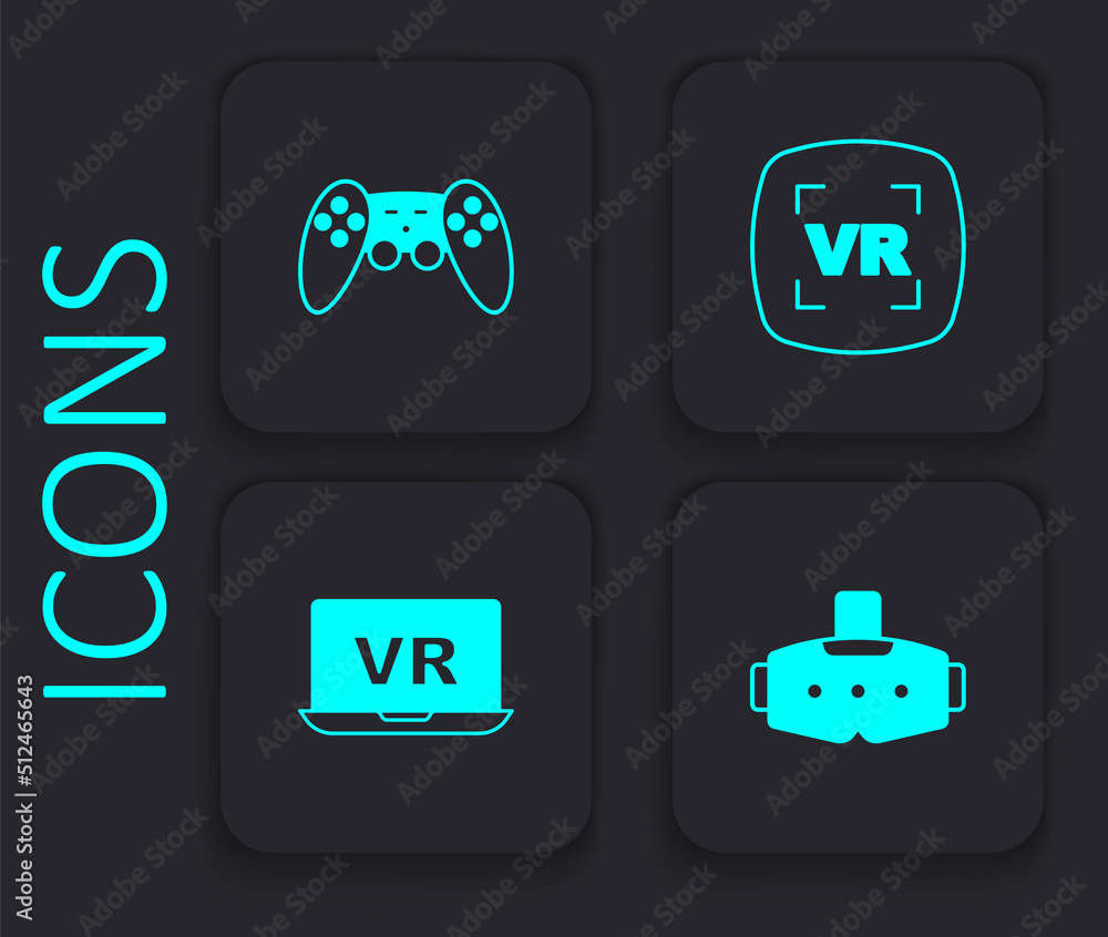Set Virtual reality glasses, Gamepad, and icon. Black square button. Vector Set Virtual reality glasses, Gamepad, and icon. Black square button. Vector