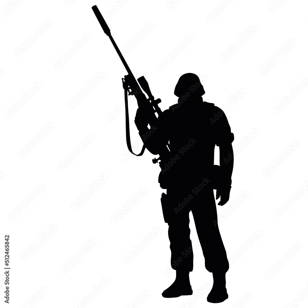 Black and white silhouette of a soldier with a weapon. A special forces soldier aims and shoots a rifle or a machine gun at the enemy Black and white silhouette of a soldier with a weapon. A special forces soldier aims and shoots a rifle or a machine gun at the enemy