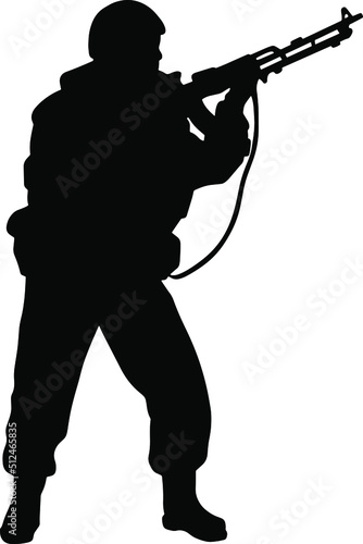 Black and white silhouette of a soldier with a weapon. A special forces soldier aims and shoots a rifle or a machine gun at the enemy 