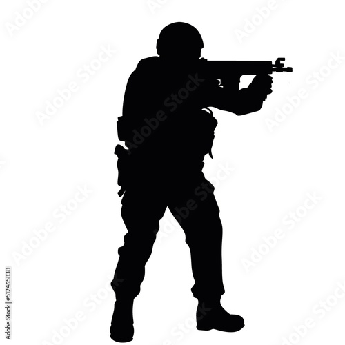 Black and white silhouette of a soldier with a weapon. A special forces soldier aims and shoots a rifle or a machine gun at the enemy