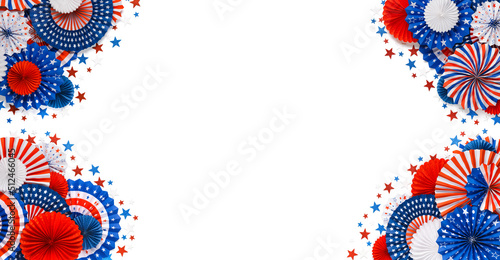 Festive red, white, and blue USA decorations. For patriotic celebrations like 4th of July, Memorial day, Veteran's day, or other US American holidays with copy space for text.