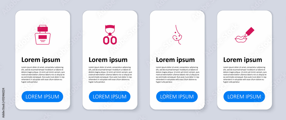 Set Lip augmentation, Acne, Eyelash curler and Perfume. Business infographic template. Vector Set Lip augmentation, Acne, Eyelash curler and Perfume. Business infographic template. Vector