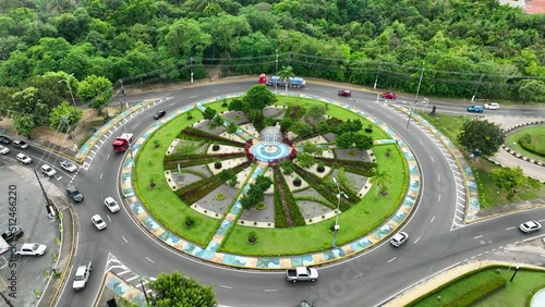 Panoramic aerial view of famous Letters Square Roundabout downtown city Manaus Brazil. Cityscape of tourism landmark city. Letters Roundabout at downtown Manaus Brazil. photo