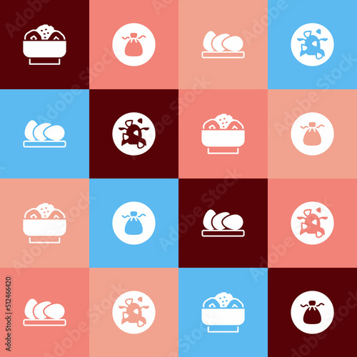 Set pop art Chow mein on plate, Wonton, Chicken egg and Kung Pao chicken icon. Vector