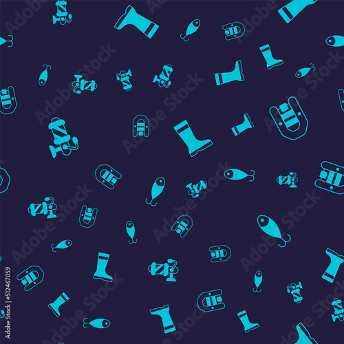 Set Spinning reel for fishing, Inflatable boat with motor, Fishing boots and lure on seamless pattern. Vector