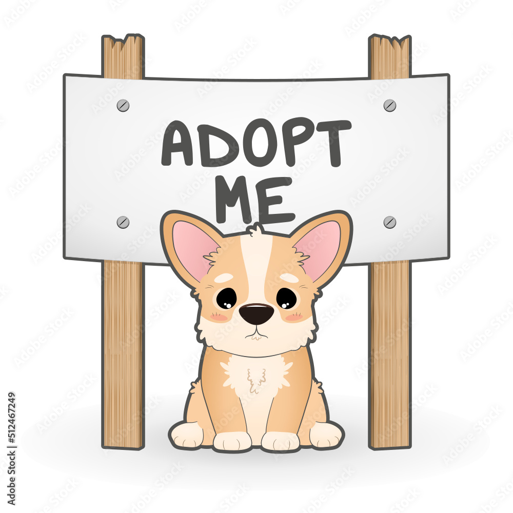 Siedzący piesek z banerem "Adopt me". Nie kupuj - pomóż bezdomnym zwierzętom znaleźć dom! Smutny szczeniak Welsh Corgi Pembroke. Ilustracja wektorowa w płaskim stylu. - obrazy, fototapety, plakaty 