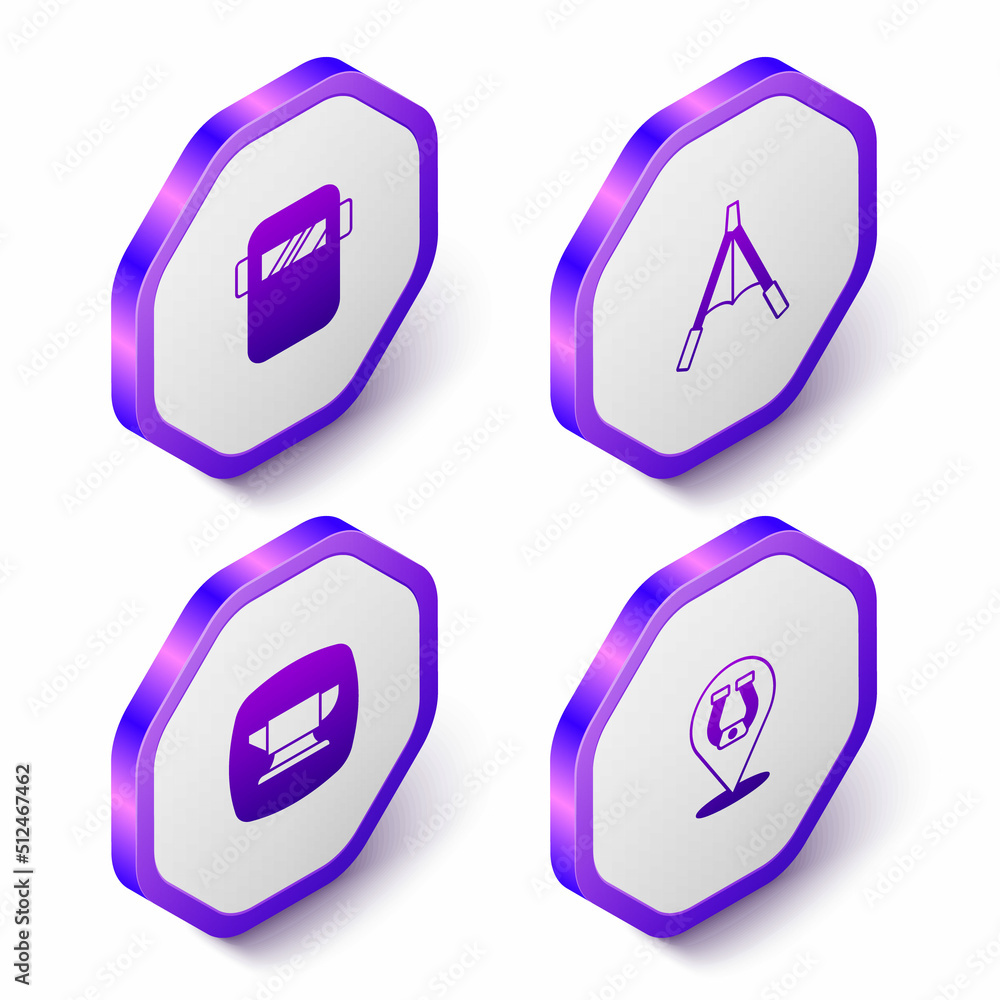 Set Isometric Welding mask, Air blower bellows, Blacksmith anvil tool and Horseshoe icon. Purple hexagon button. Vector Set Isometric Welding mask, Air blower bellows, Blacksmith anvil tool and Horseshoe icon. Purple hexagon button. Vector