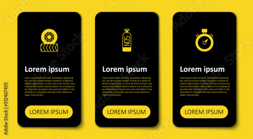 Set Stopwatch, Nitrous oxide and Car tire wheel. Business infographic template. Vector