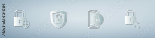 Set Shield security with lock, Mobile closed padlock and Lock. Paper art style. Vector