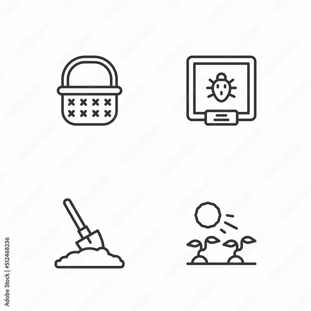 Set line Plant sprouts grow in the sun, Shovel ground, Wicker basket and Colorado beetle icon. Vector Set line Plant sprouts grow in the sun, Shovel ground, Wicker basket and Colorado beetle icon. Vector