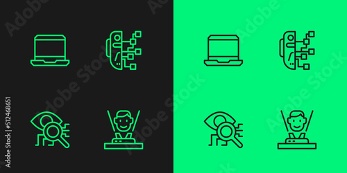 Set line Hologram, Eye scan, Laptop and Humanoid robot icon. Vector