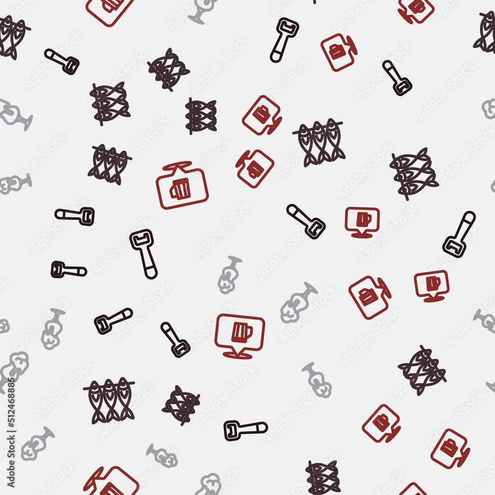 Set line Bottle opener, Dried fish, Glass of beer and Wooden mug on seamless pattern. Vector Set line Bottle opener, Dried fish, Glass of beer and Wooden mug on seamless pattern. Vector